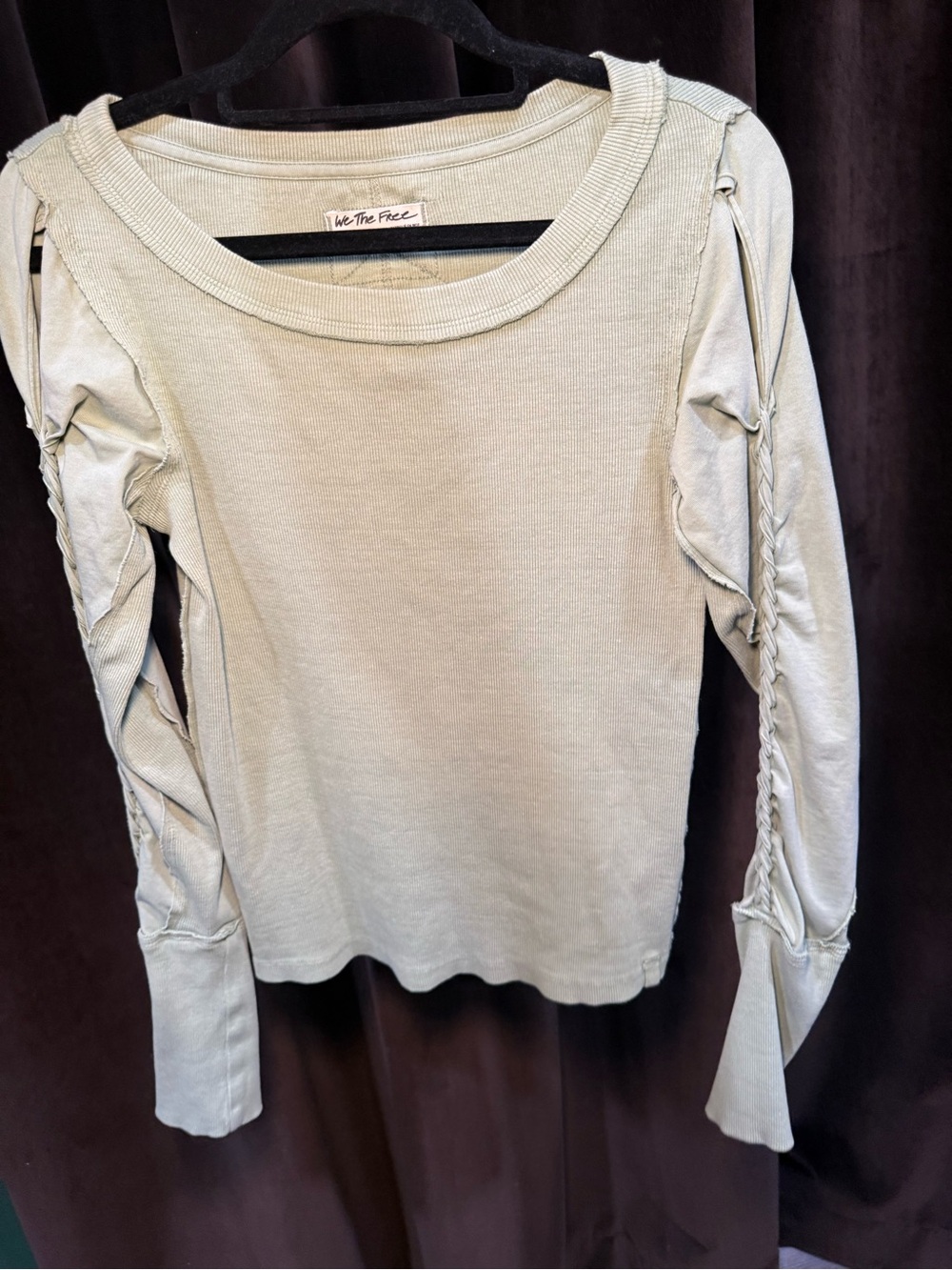 We The Free Sage Green Long Sleeve with Braided Cutout Sleeves